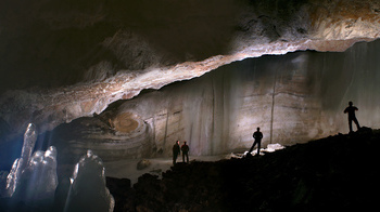 Panoramic view of an ice cliff inside the Scărișoara Ice Cave, where the research was done.